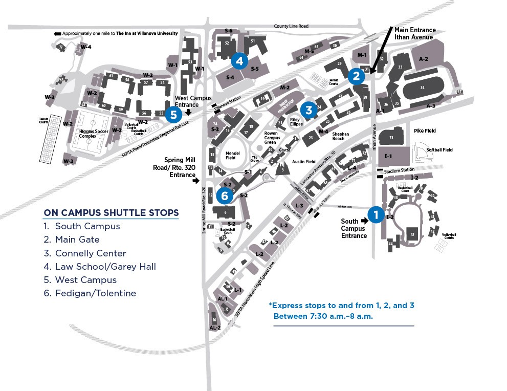 A map of Villanova University's campus showing the six shuttle stops of South Campus, Main Gate, Connelly Circle, Law School, West Campus and Tolentine/White Halls.