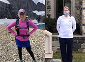 Andrea Goodrich hiking and also seen in her FCN nursing student uniform outside Driscoll Hall