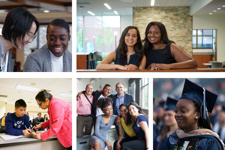 A five-panel image of faculty and students interacting