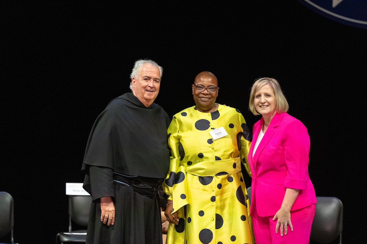 from left, Villanova University President Peter M. Donohue, OSA, PhD; Pamela Marshall, '24; Christine Kelleher Palus, PhD, Dean, College of Professional Studies